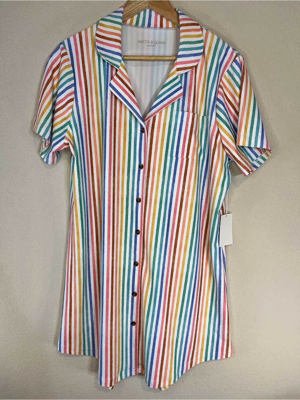 NWT Smith & Quinn Josie Rainbow Stripe Pastel Button Front Coastal Dress SZ M
